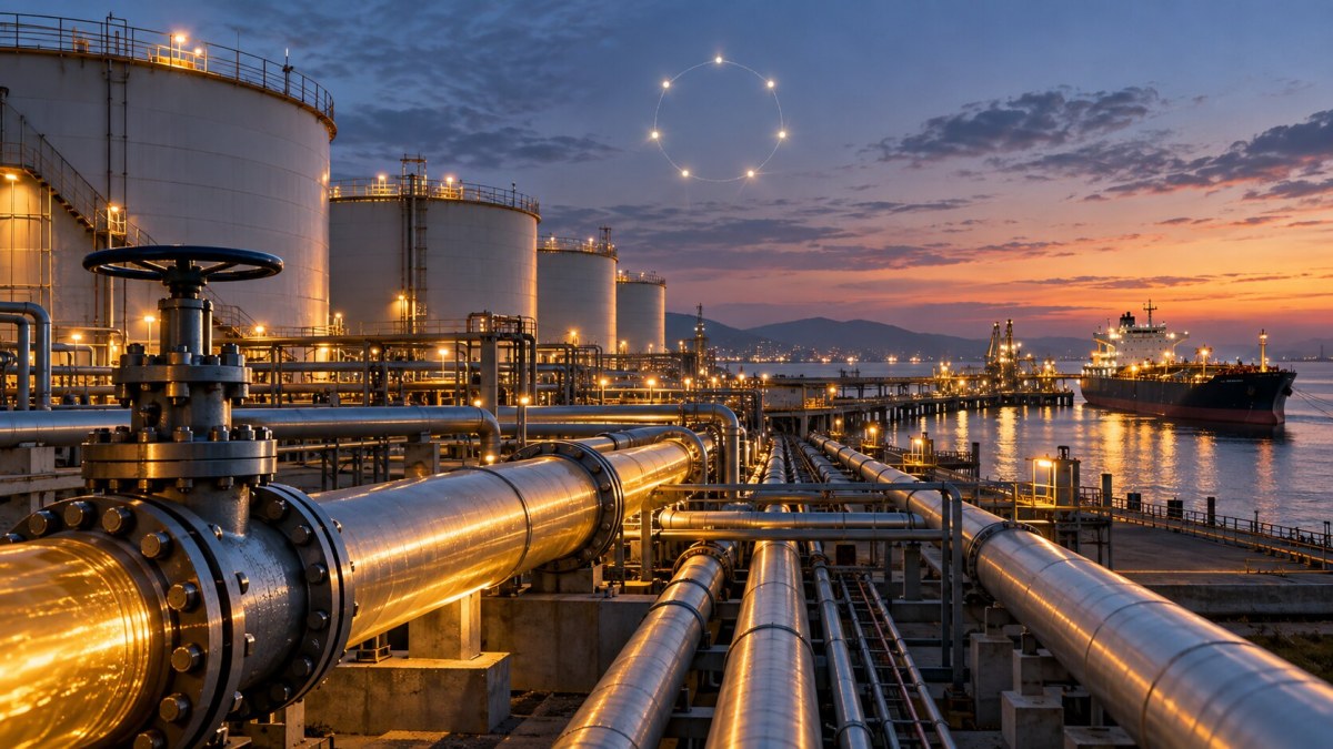 AI-generated editorial illustration of strategic fuel tanks and pipelines supplying a tanker under a seven-point coordination motif