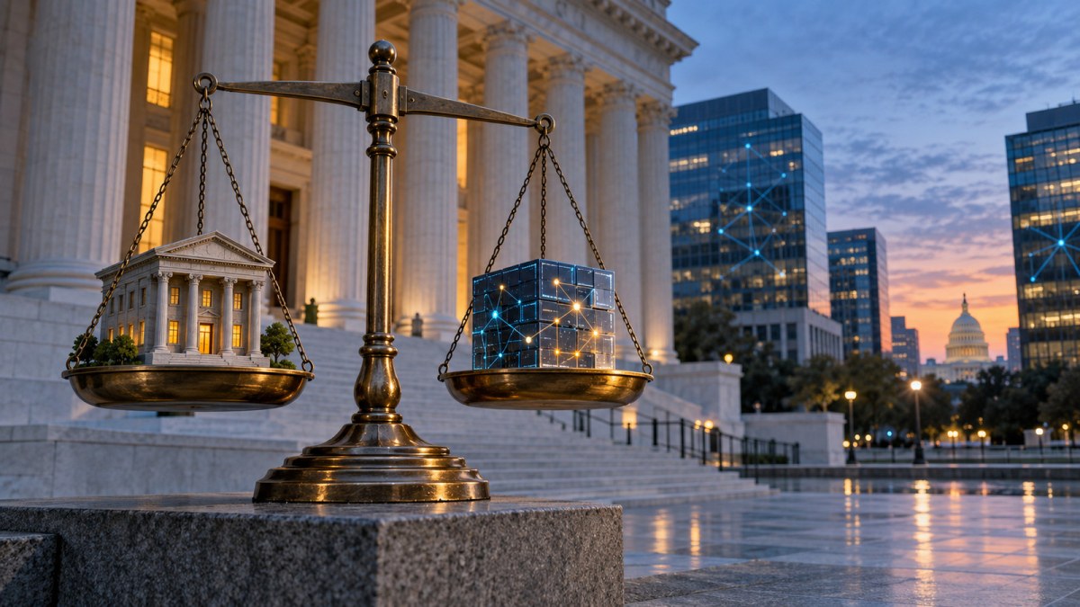 Balanced scales holding a bank model and a digital ledger cube outside a federal courthouse