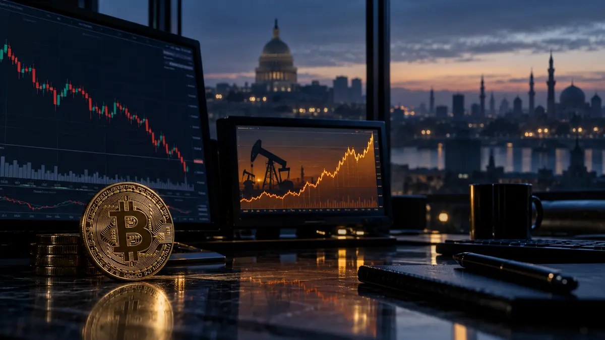 Conceptual trading desk showing Bitcoin and technology markets falling while oil prices rise
