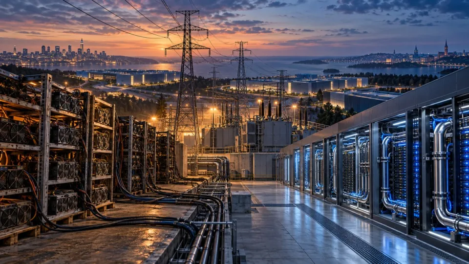 AI-generated conceptual illustration of older cryptocurrency-mining racks transitioning through power infrastructure into a modern liquid-cooled AI data center at dusk.