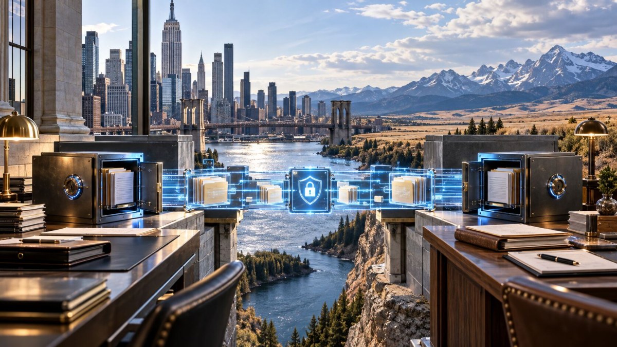 AI-generated conceptual image of secure regulatory files moving between New York and Wyoming oversight offices.