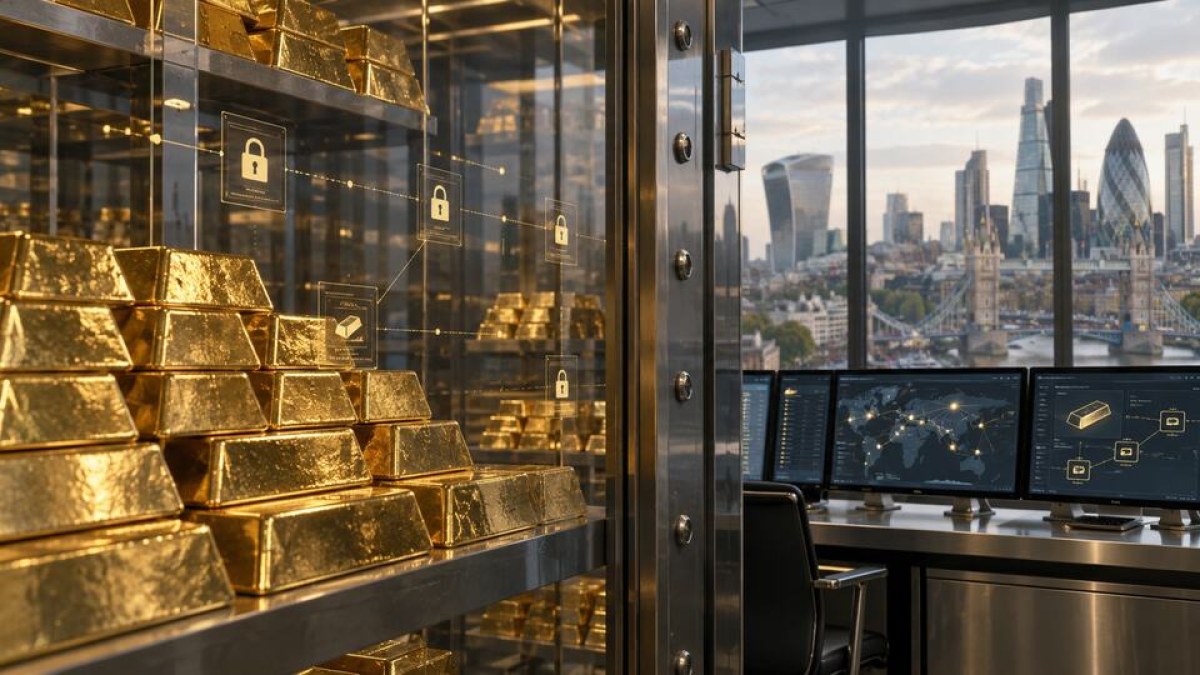 AI-generated conceptual image of secured gold bars linked to an institutional digital settlement system overlooking London