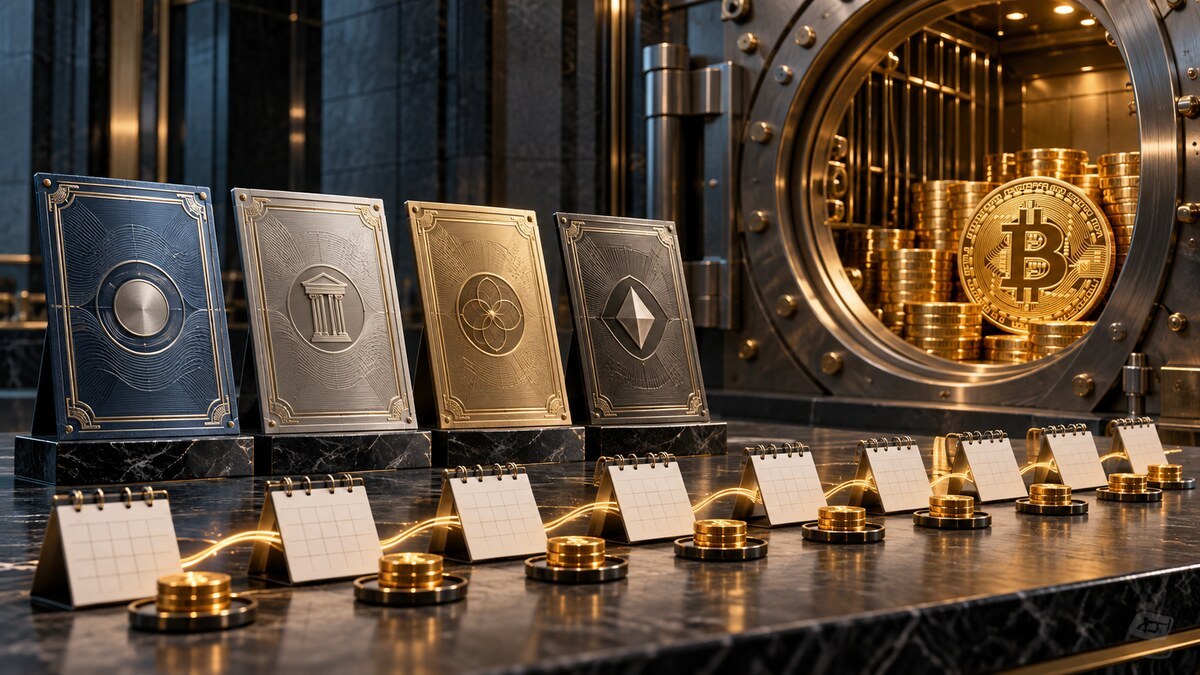 AI-generated conceptual illustration of four preferred securities, daily payment calendars and a bitcoin reserve vault.
