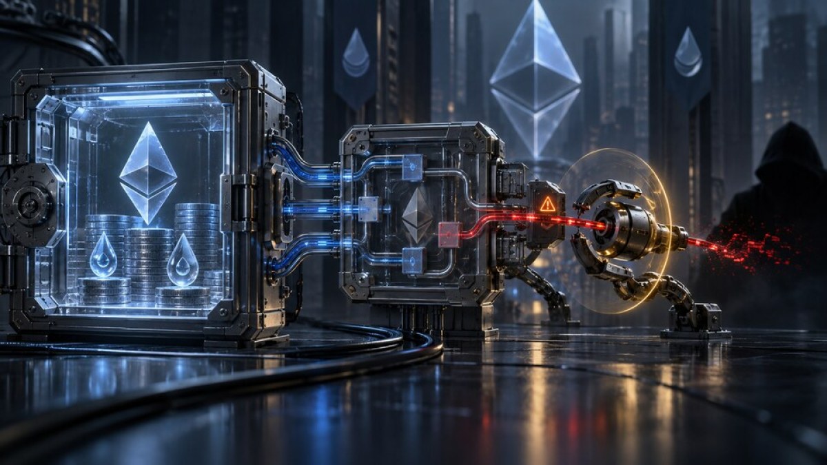 Conceptual editorial illustration of an intact crypto wallet vault connected to a compromised helper module and intercepted transaction path