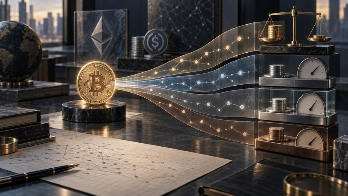 Conceptual editorial illustration of one Bitcoin transaction graph splitting into several measurement paths and different scale readings