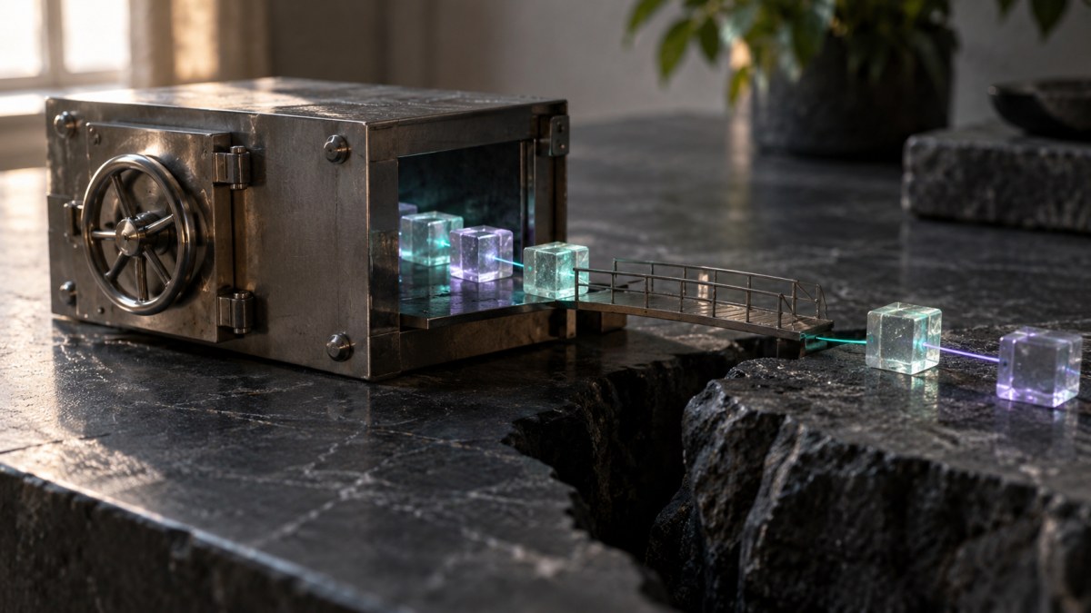 AI-generated concept of a vault and linked glass blockchain nodes across a bridge; not a photograph of the Tectonic incident.