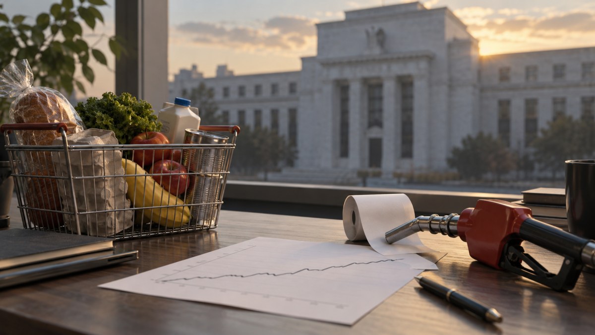 A conceptual inflation research desk with groceries, a fuel nozzle and the Federal Reserve building