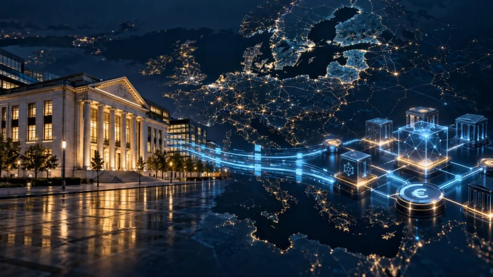 Conceptual European bank connected to regulated digital-asset and euro payment rails across the continent.