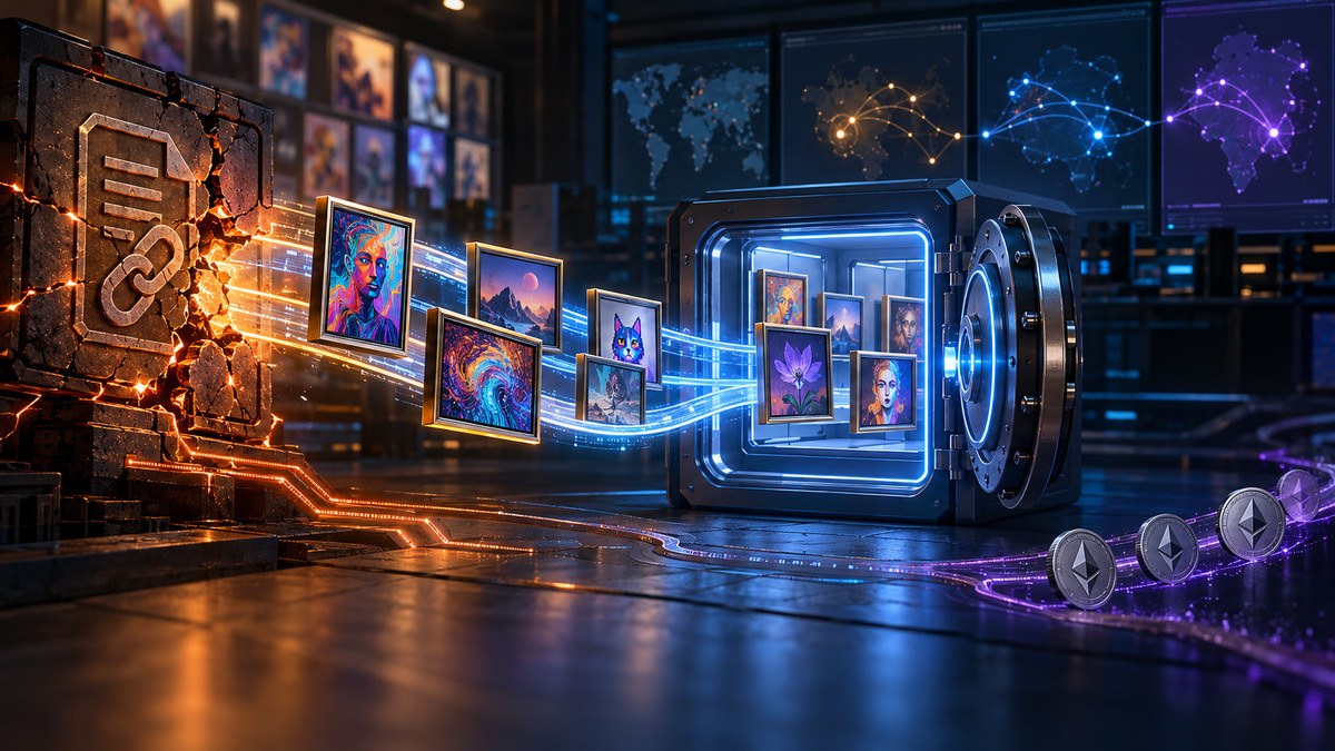 Conceptual digital collectibles moving from a cracked legacy smart-contract permission gate into a secure vault
