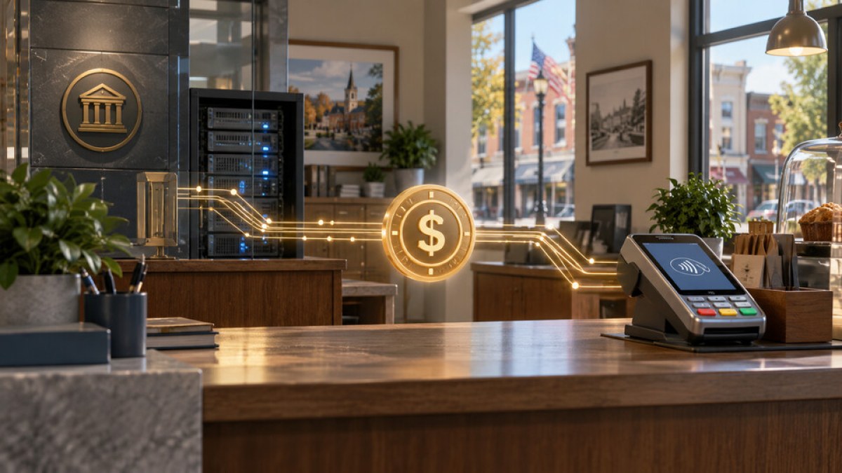 AI-generated illustration of stablecoin payment rails connecting a U.S. community bank and merchant terminal