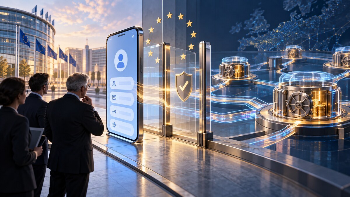 AI-generated conceptual illustration of European regulators reviewing a digital lending network across a blue-lit conference table