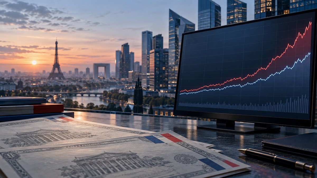 AI-generated editorial image of French bond certificates and diverging market lines overlooking Paris