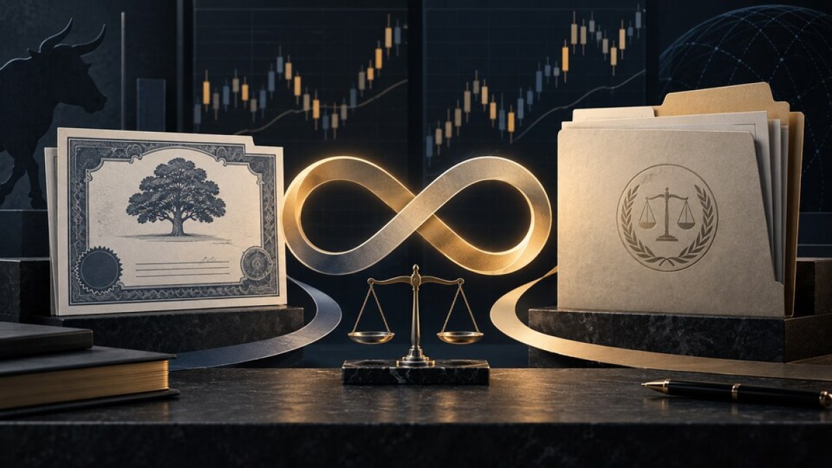 AI-generated conceptual illustration of an equity certificate, an infinity loop and regulatory-review folders beside balanced scales.