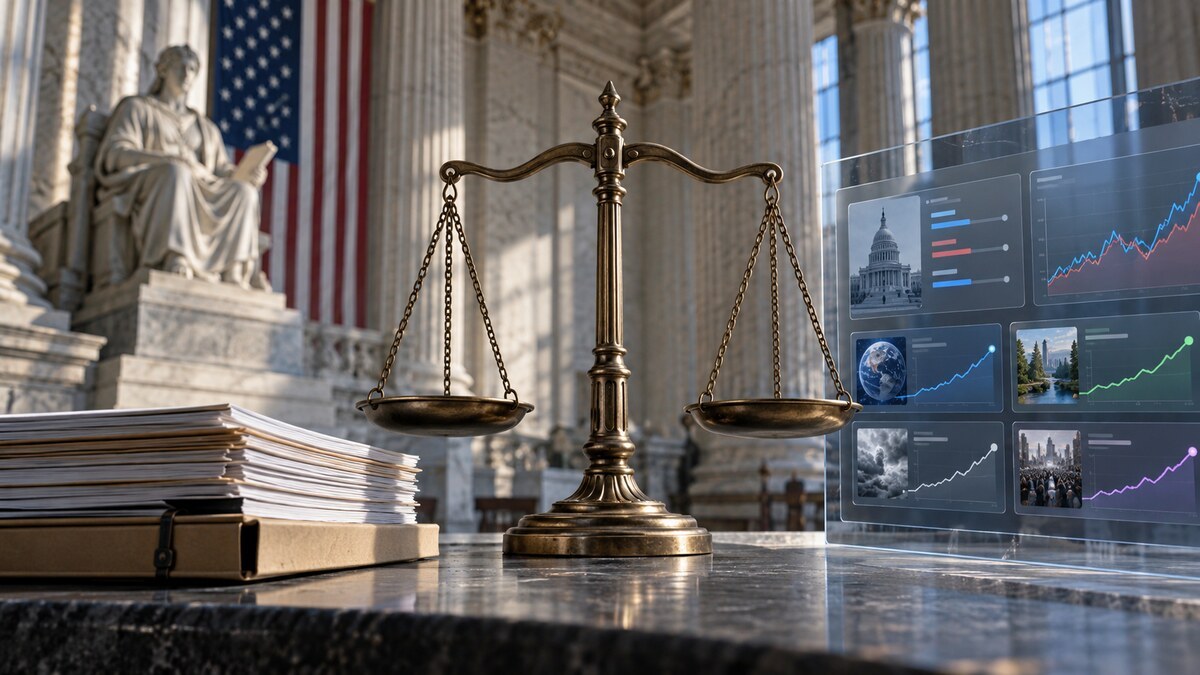 AI-generated conceptual image of courthouse scales beside prediction-market data panels