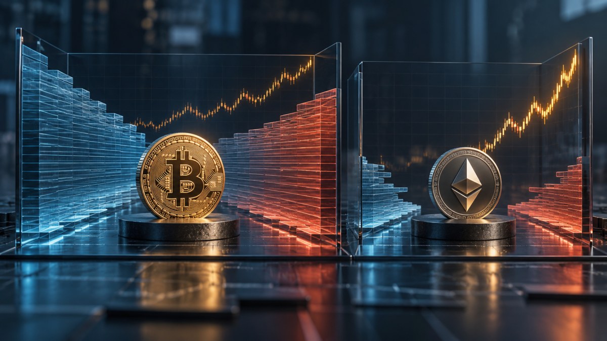 AI-generated conceptual illustration of deeper Bitcoin order books beside shallower Ether market depth despite rising price charts