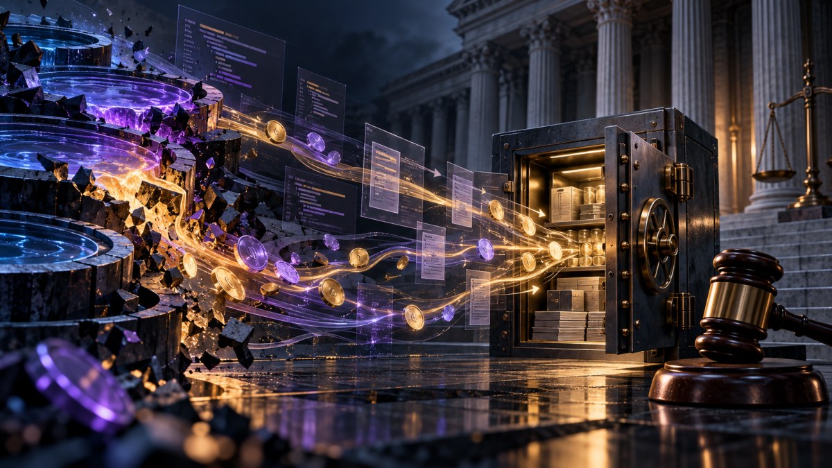 AI-generated editorial illustration of fractured DeFi liquidity pools flowing into a secured evidence vault beside a federal courthouse and gavel.