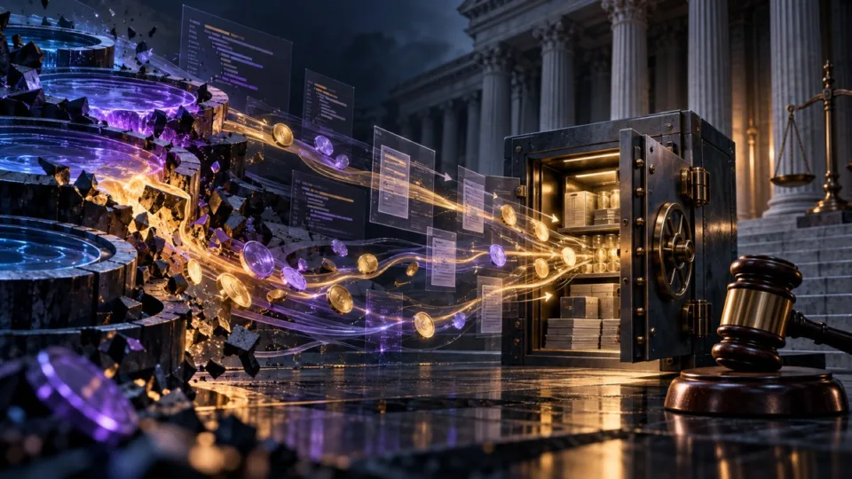 AI-generated editorial illustration of fractured DeFi liquidity pools flowing into a secured evidence vault beside a federal courthouse and gavel.