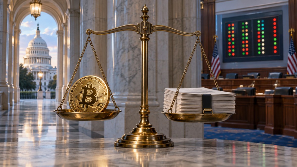 Conceptual editorial image of a Bitcoin coin and legal documents balanced on scales inside the U.S. Capitol