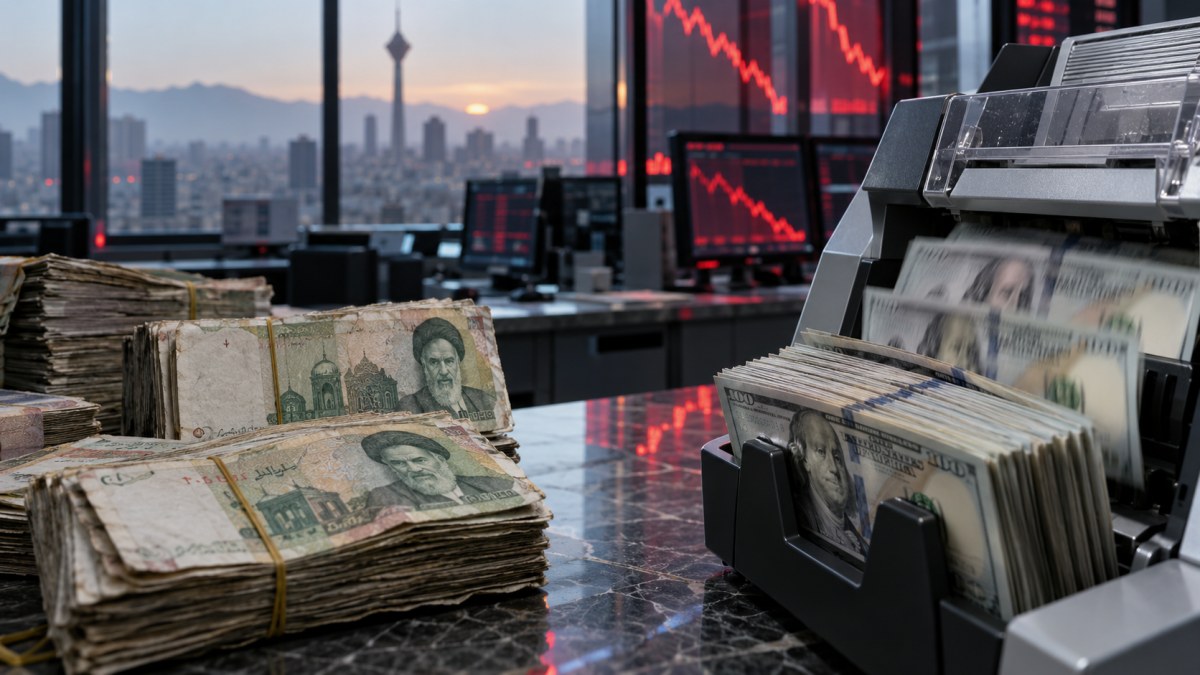 AI-generated editorial image of worn Iranian rial notes beside U.S. dollars at a currency desk as market screens fall