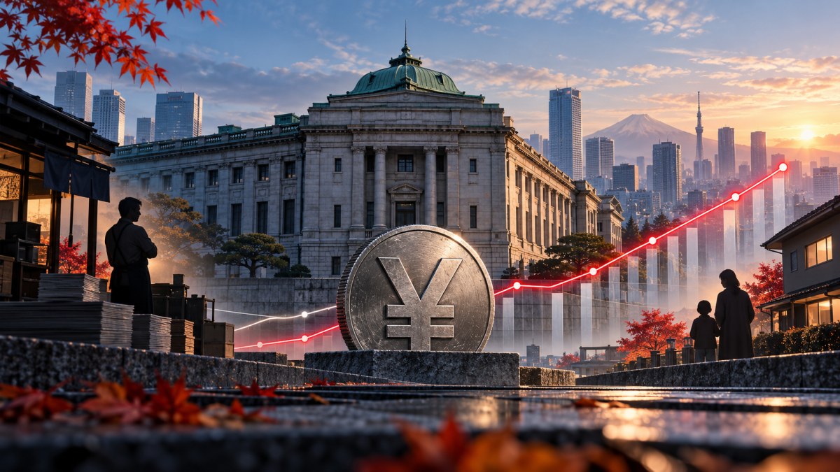 AI-generated conceptual illustration of a Japanese central bank, a yen coin and a rising interest-rate path at sunrise