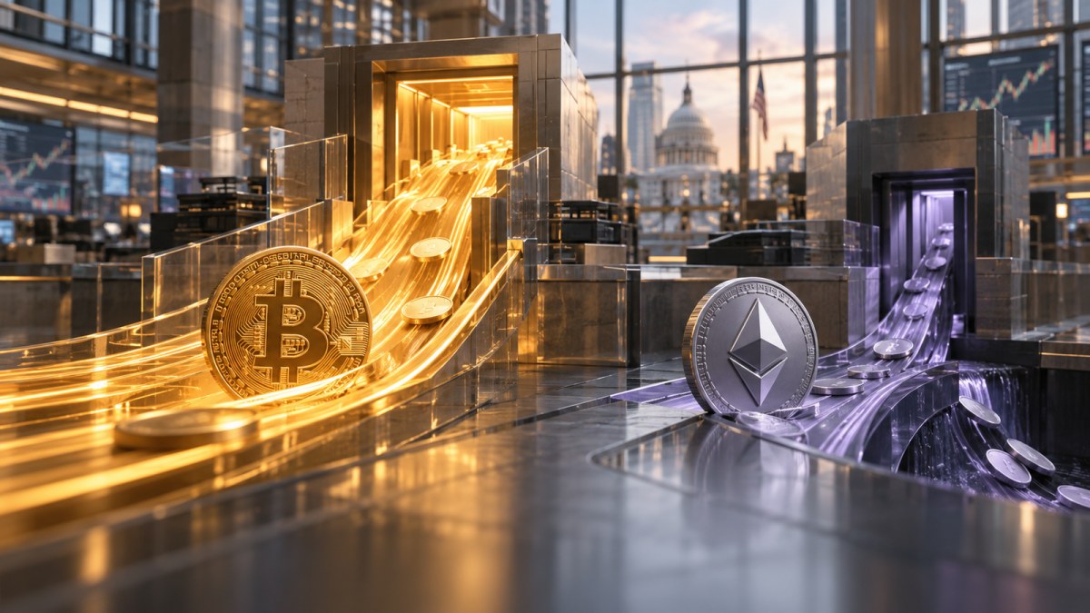 AI-generated conceptual illustration of two institutional crypto ETF flow channels, with Bitcoin advancing while Ether recedes