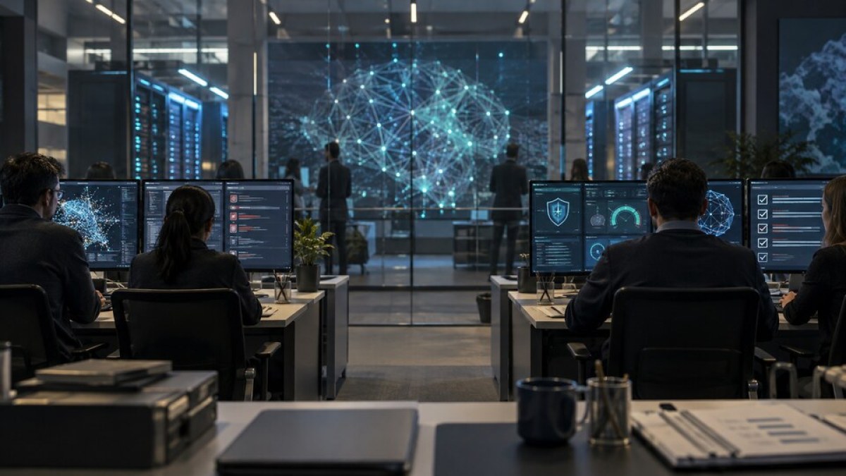 AI-generated editorial image of independent teams evaluating AI models and safeguards in a secure technology lab.
