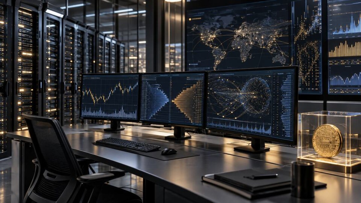 AI-generated conceptual image of an institutional digital-asset market-data operations room with servers and analytics displays