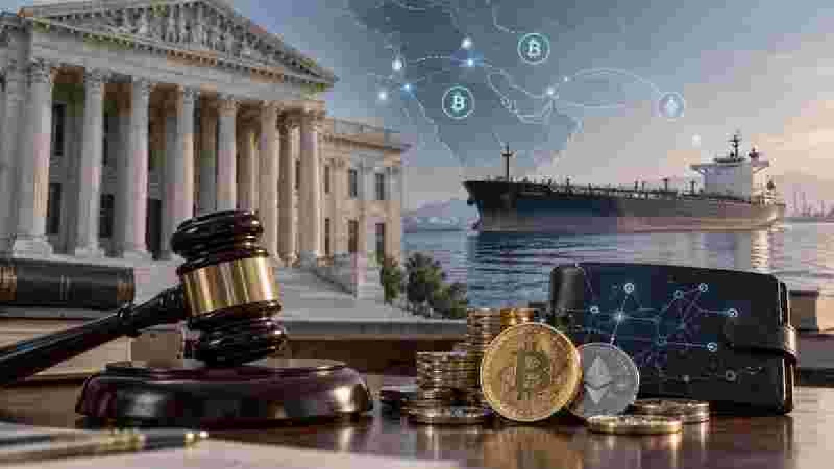 AI-generated conceptual illustration of a U.S. courthouse, oil tanker and cryptocurrency assets linked by digital transaction paths