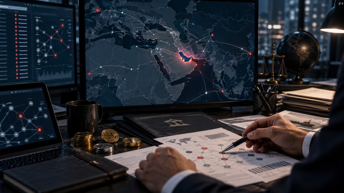 AI-generated conceptual image of analysts tracing cryptocurrency payments across the Strait of Hormuz during a sanctions review.