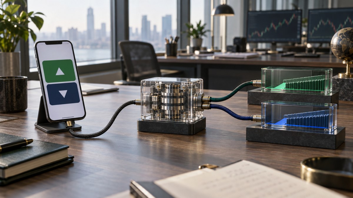 Conceptual retail trading phone connected to transparent prediction-market clearing infrastructure on a financial office desk
