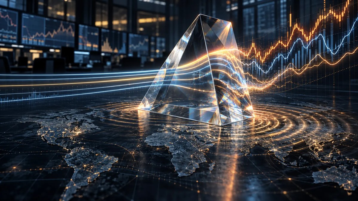 AI-generated conceptual illustration of market lines passing through a glass prism and amplifying across a global financial map