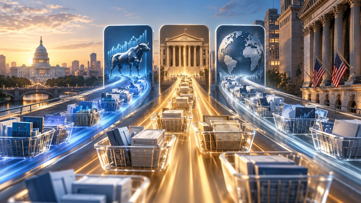AI-generated conceptual illustration of investment baskets flowing along separate US equity, bond and international-market lanes