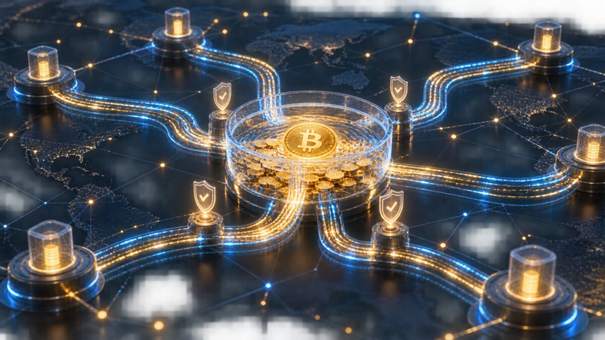 AI-generated editorial illustration of Bitcoin Lightning payment channels feeding a shared liquidity reservoir guarded by approval gates.