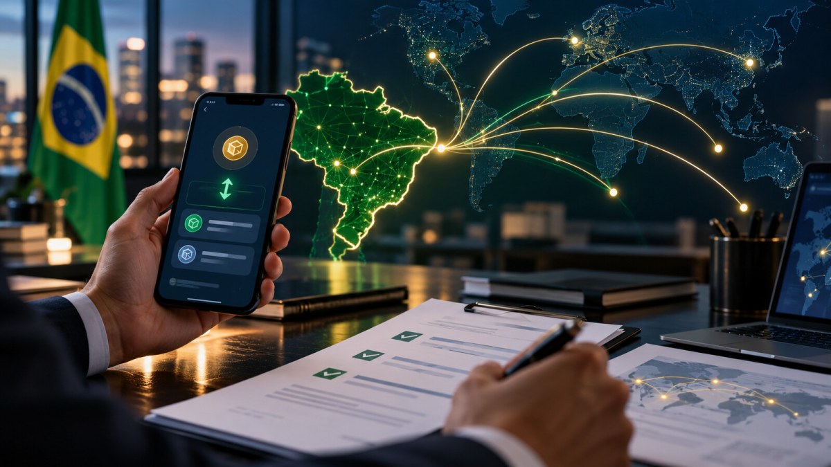 AI-generated editorial illustration of international digital-asset transfers from Brazil passing through compliance checks