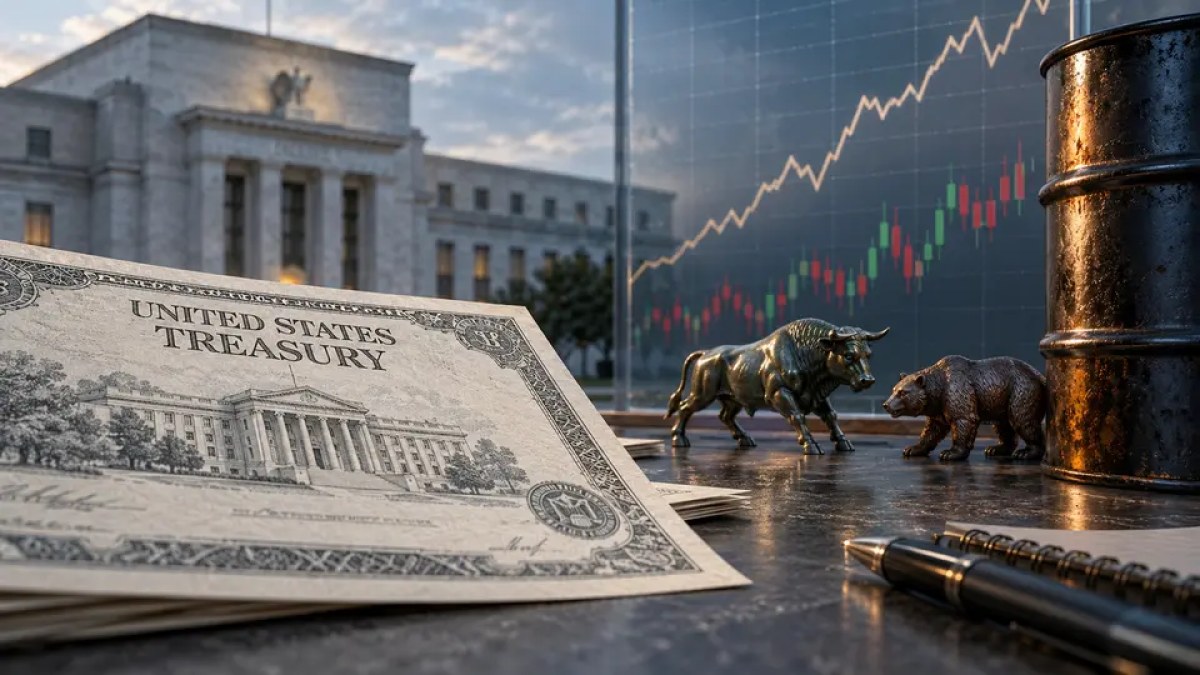 AI-generated conceptual editorial image of a U.S. Treasury bond, mixed stock-market signals and an oil barrel near the Federal Reserve.
