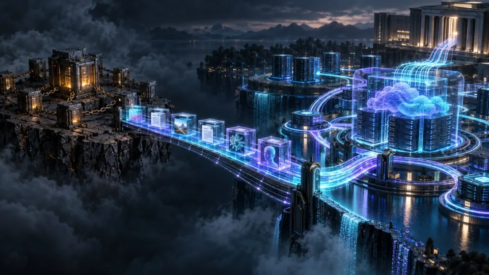 Conceptual editorial illustration of encrypted AI training data moving from a standalone blockchain into a unified high-performance network and storage system