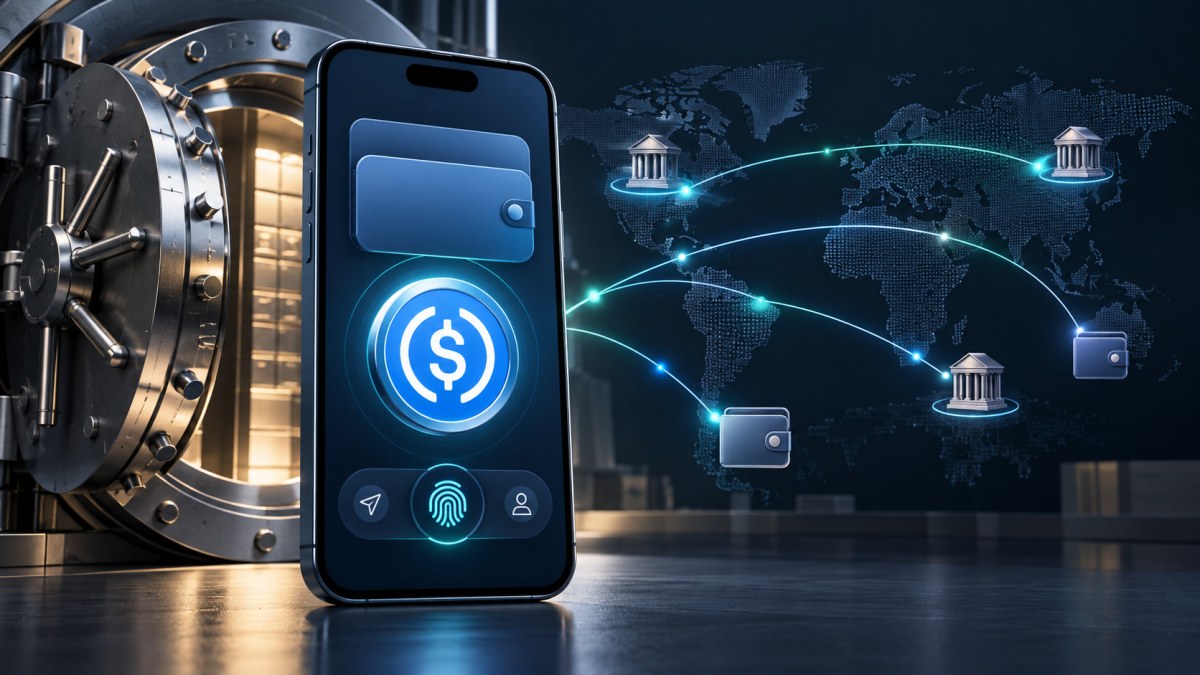 AI-generated editorial illustration of a smartphone stablecoin wallet linked to banks and external wallets beside a secure custody vault.