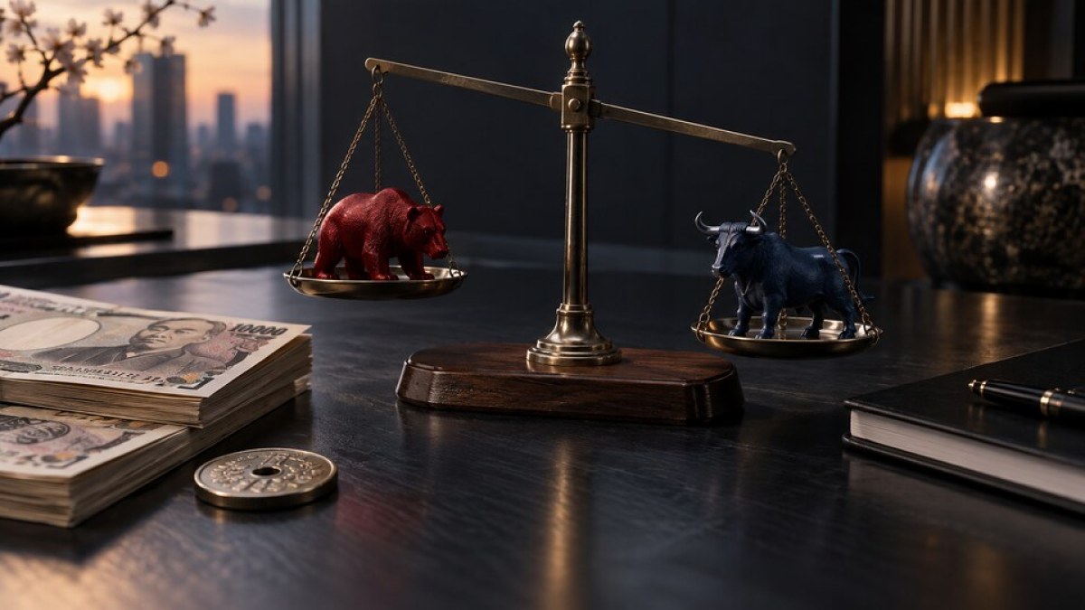 Conceptual editorial image of Japanese yen currency beside a balanced futures-market position display