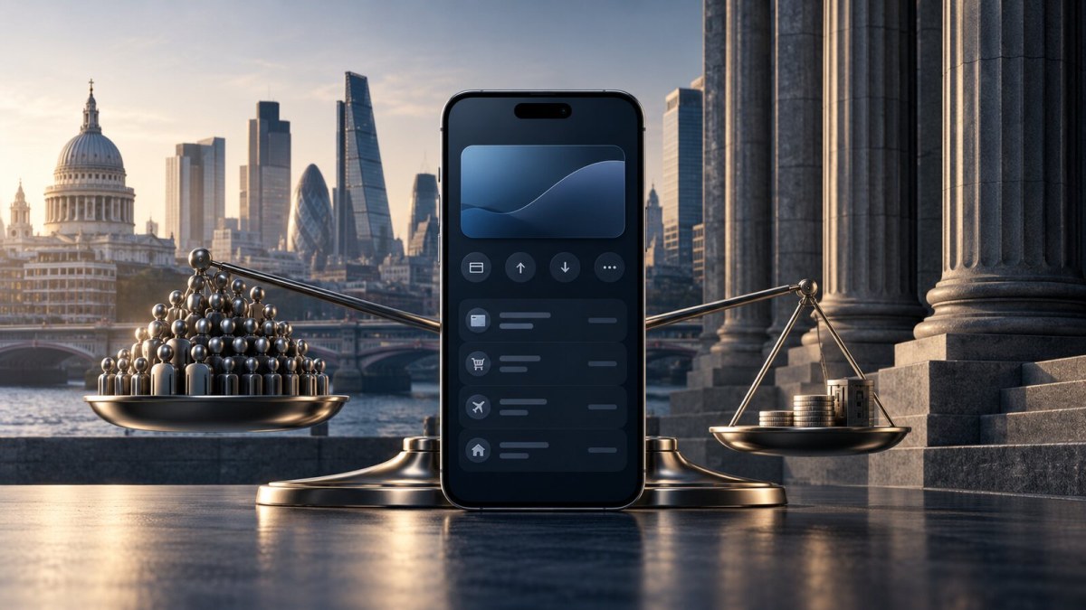 AI-generated editorial illustration of a mobile bank balanced between a large customer base and a smaller lending business in London