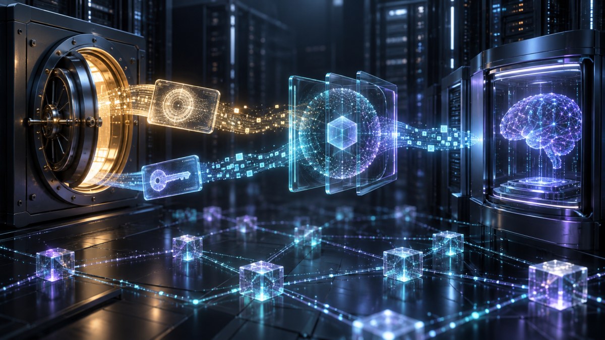 AI-generated conceptual image of a digital vault issuing private access keys through a zero-knowledge verification layer to an AI service.