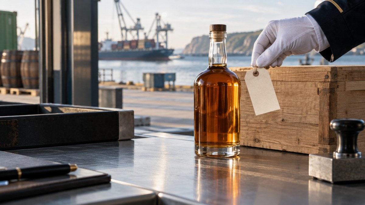 Conceptual editorial image of an unbranded whiskey bottle at a customs counter as a blank import tag is removed