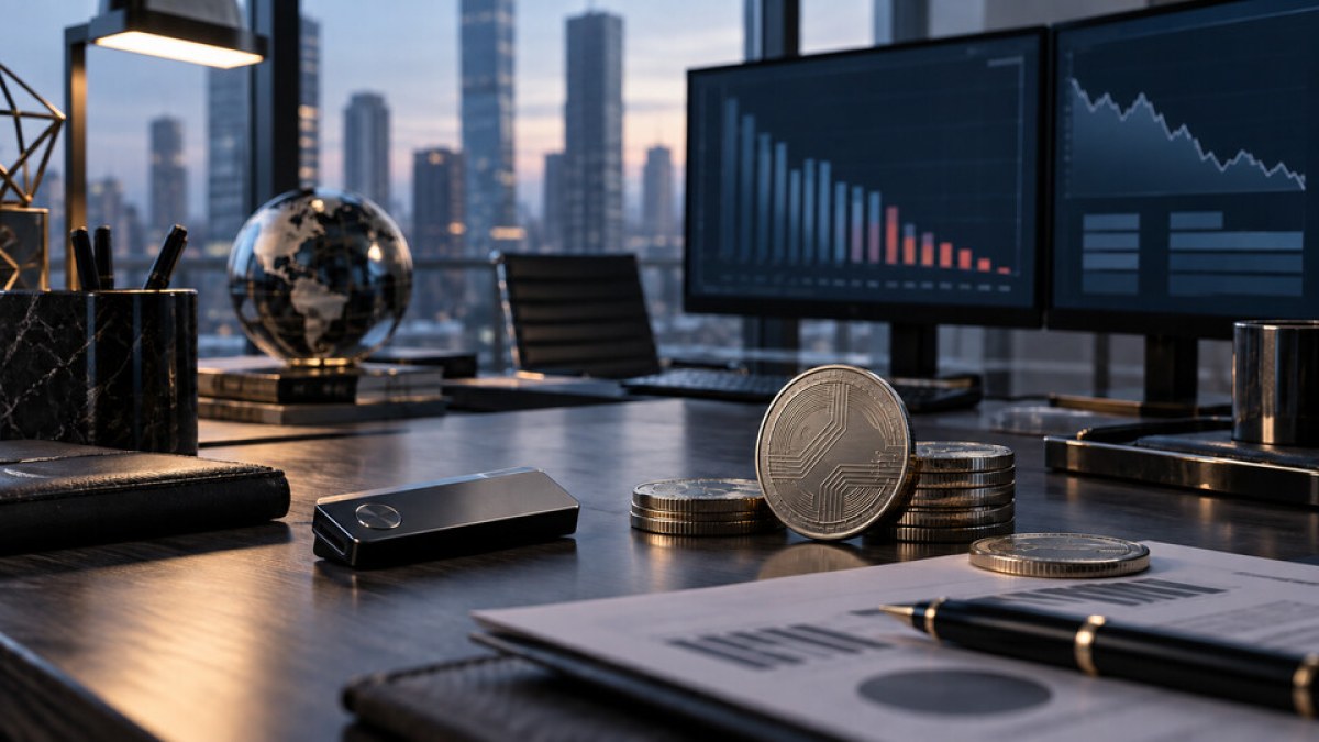 AI-generated editorial image of an institutional treasury desk with unbranded digital-asset tokens and declining demand charts.