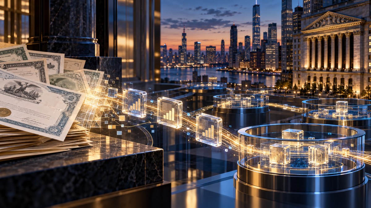 AI-generated conceptual illustration of U.S. share certificates becoming blockchain tokens in permissioned liquidity pools at blue hour