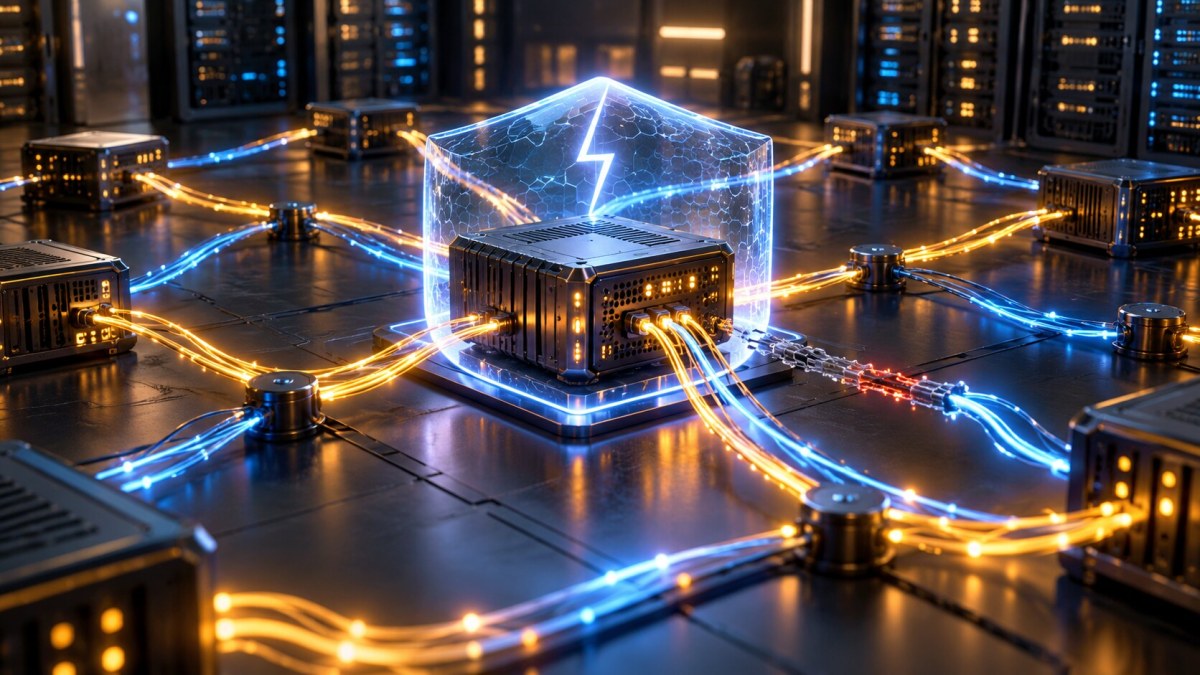 AI-generated conceptual illustration of a Bitcoin Lightning payment node protected by a transparent shield as blue and amber routes move through a server network.