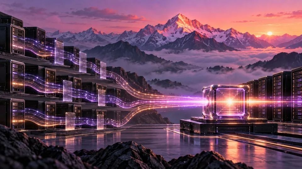 AI-generated conceptual illustration of Solana validators converging on a finalized block against an alpenglow-lit mountain range.