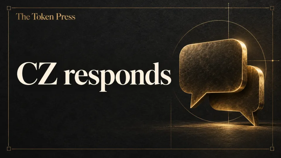Black-and-gold editorial card reading CZ responds, with The Token Press branding.