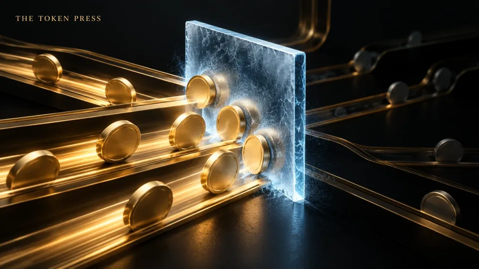 Generic gold tokens on transaction paths stopped by a frosted-glass barrier.