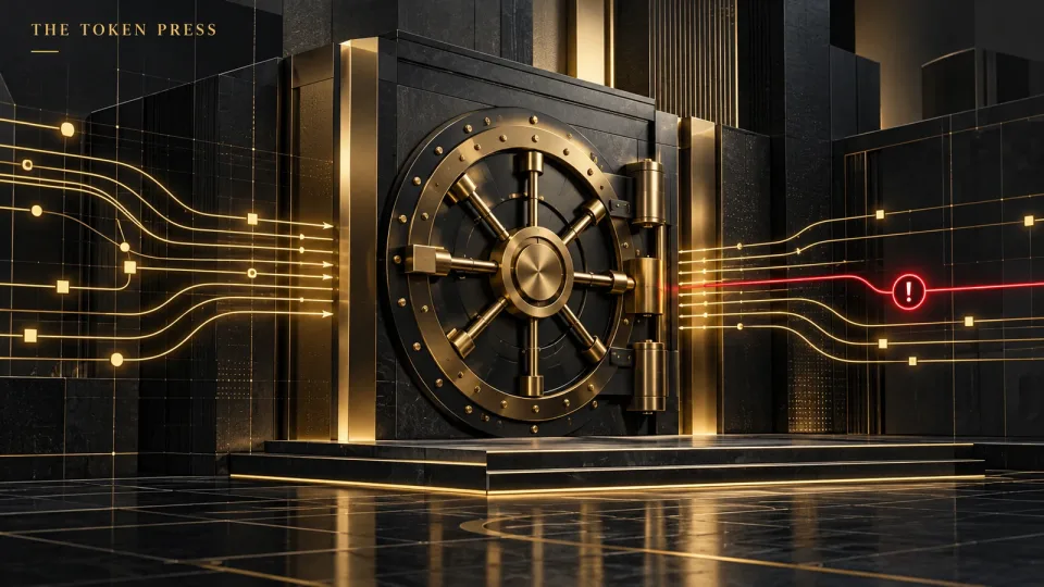 Conceptual gold vault connected to transaction lines, with a red security alert.