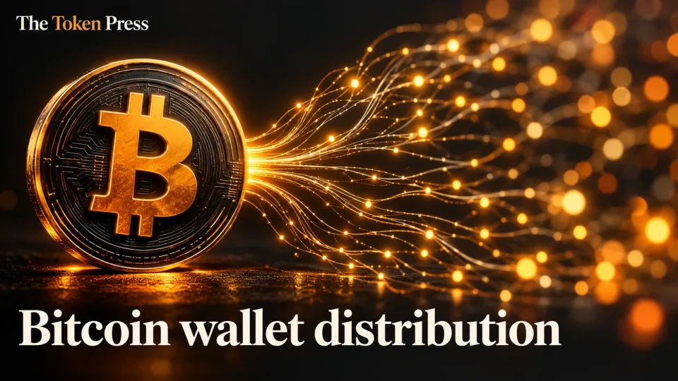 Bitcoin symbol beside abstract branching transaction paths and the label Bitcoin wallet distribution.