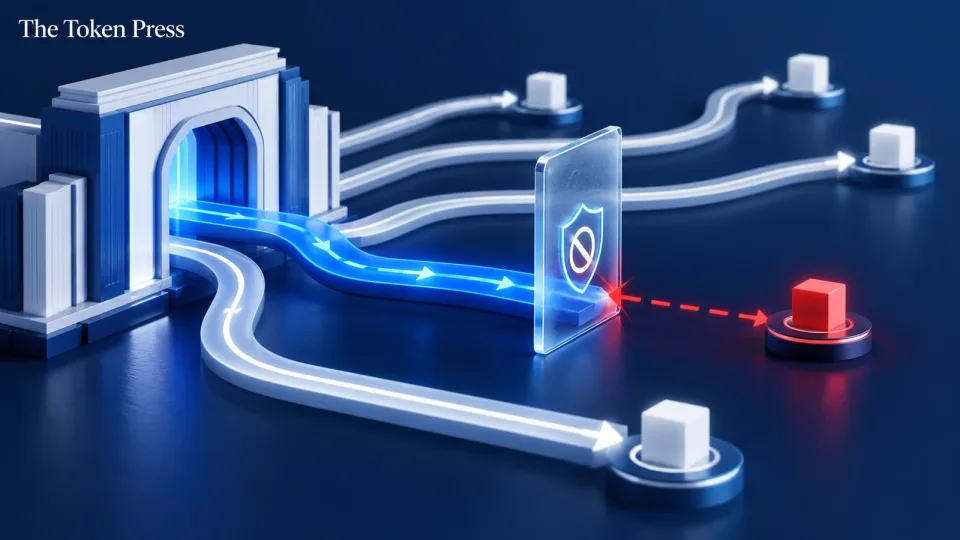 Conceptual exchange gateway with one outgoing path blocked before a red destination node.